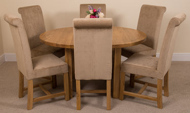Edmonton Round Extendable Oak Dining Set with 6 Washington Beige Fabric Chairs