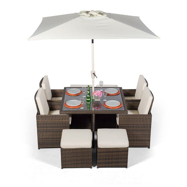 Giardino Rattan 4 Seater Cube Dining Table & Chairs Set with 4 Stools & Parasol - Brown