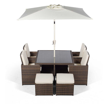 Giardino Rattan 4 Seater Cube Dining Table & Chairs Set with 4 Stools & Parasol - Brown