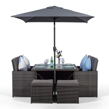 Giardino Rattan 4 Seater Cube Dining Table & Chairs Set with 4 Stools & Parasol - Grey