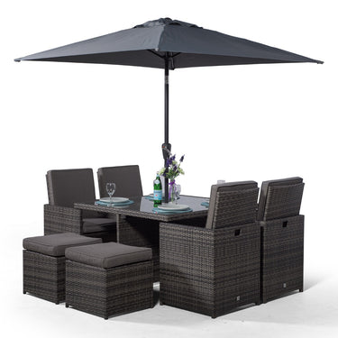 Giardino Rattan 4 Seater Cube Dining Table & Chairs Set with 4 Stools & Parasol - Grey