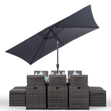 Giardino Rattan 6 Seater Cube Dining Table & Chairs Set with 4 Stools & Parasol - Grey