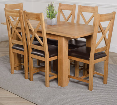 Hampton Small Oak Extending Dining Table with 6 Berkeley Oak & Brown Leather Chairs