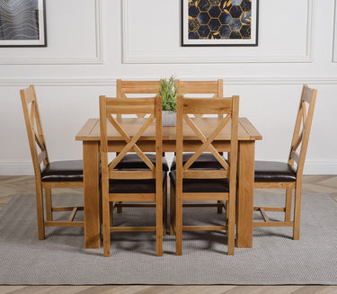 Hampton Small Oak Extending Dining Table with 6 Berkeley Oak & Brown Leather Chairs