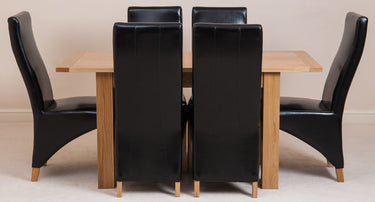 Hampton Small Oak Extending Dining Table with 6 Lola Black Leather Chairs