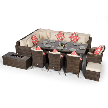 Havana - Modular 10 Seat Drinks Cooler Rattan Corner Sofa Dining Set With Padded Dining Chairs, Stools & Coffee Table - Brown