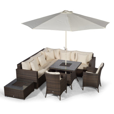 Havana - Modular 7 Seat Drinks Cooler Rattan Corner Sofa Dining Set With Padded Dining Chairs & Coffee Table - Brown