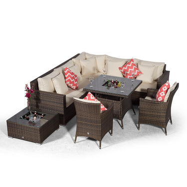 Havana - Modular 7 Seat Drinks Cooler Rattan Corner Sofa Dining Set With Padded Dining Chairs & Coffee Table - Brown