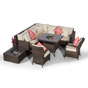Havana - Modular 7 Seat Drinks Cooler Rattan Corner Sofa Dining Set With Luxury Padded Dining Chairs & Coffee Table - Brown