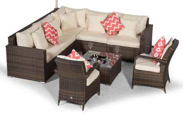 Havana - Modular 7 Seat Drinks Cooler Rattan Corner Sofa Dining Set With Luxury Padded Dining Chairs & Coffee Table - Brown
