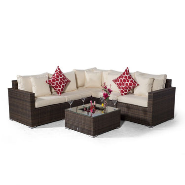 Havana - Modular 7 Seat Drinks Cooler Rattan Corner Sofa Dining Set With Luxury Padded Dining Chairs & Coffee Table - Brown