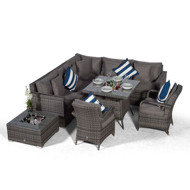Havana - Modular 7 Seat Drinks Cooler Rattan Corner Sofa Dining Set With Luxury Padded Dining Chairs & Coffee Table - Grey