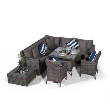 Havana - Modular 7 Seat Drinks Cooler Rattan Corner Sofa Dining Set With Padded Dining Chairs & Coffee Table - Grey