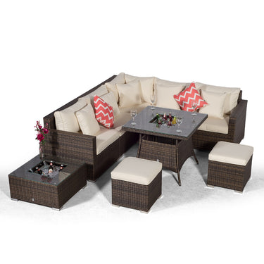 Havana - Modular 7 Seat Drinks Cooler Rattan Corner Sofa Dining Set with Stools & Coffee Table - Brown