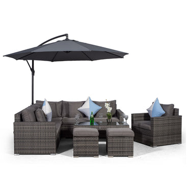 Havana L Shape Modular 6 Seat Rattan Corner Sofa Set With Armchair, Coffee Table & 2 Stools - Grey