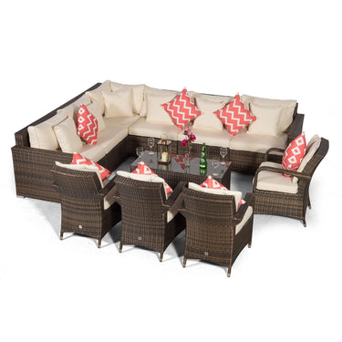 Havana - Modular 10 Seat Rattan Corner Sofa Dining Set With Luxury Padded Dining Chairs, Stools & Coffee Table - Brown