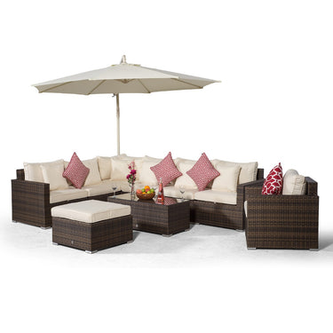 Havana L Shape Modular 7 Seat Rattan Corner Sofa & Armchair Set With Coffee Table & Ottoman - Brown