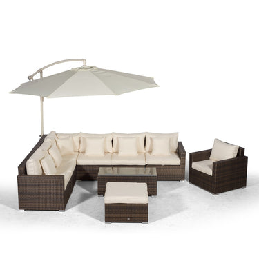 Havana L Shape Modular 7 Seat Rattan Corner Sofa & Armchair Set With Coffee Table & Ottoman - Brown