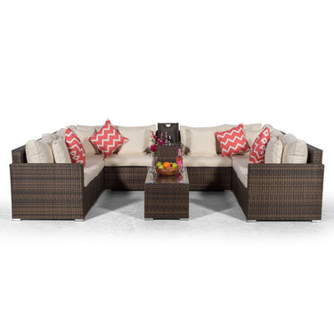 Havana U Shape Modular 8 Seat Rattan Sofa Set With Armrest Drinks Cooler & Coffee Table - Brown