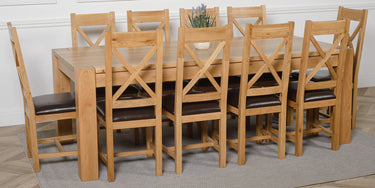 Kuba Extra Large Oak Dining Table with 10 Berkeley Oak and Brown Leather Chairs
