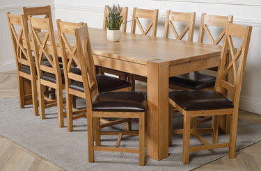 Kuba Extra Large Oak Dining Table with 10 Berkeley Oak and Brown Leather Chairs
