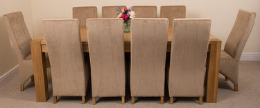Kuba Extra Large Oak Dining Table with 10 Lola Beige Fabric Chairs