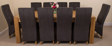 Kuba Extra Large Oak Dining Table with 10 Lola Black Fabric Chairs