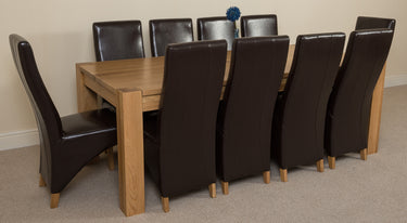 Kuba Extra Large Oak Dining Table with 10 Lola Brown Leather Chairs