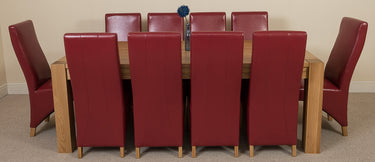 Kuba Extra Large Oak Dining Table with 10 Lola Burgundy Leather Chairs