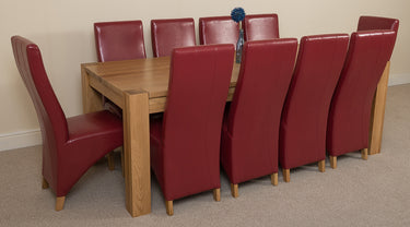 Kuba Extra Large Oak Dining Table with 10 Lola Burgundy Leather Chairs