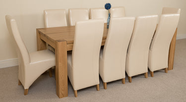 Kuba Extra Large Oak Dining Table with 10 Lola Ivory Leather Chairs