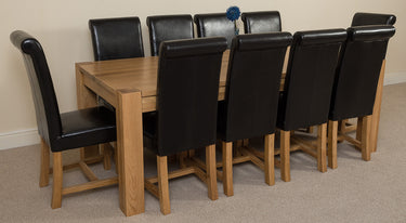 Kuba Extra Large Oak Dining Table with 10 Washington Black Leather Chairs