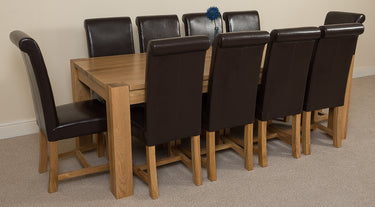 Kuba Extra Large Oak Dining Table with 10 Washington Brown Leather Chairs