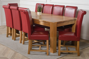 Kuba Extra Large Oak Dining Table with 10 Washington Burgundy Leather Chairs