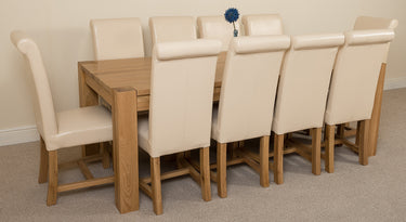 Kuba Extra Large Oak Dining Table with 10 Washington Ivory Leather Chairs