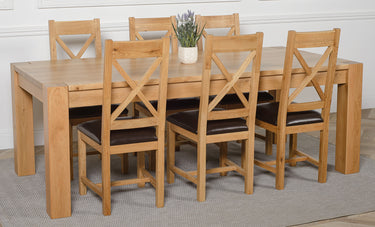 Kuba Extra Large Oak Dining Table with 6 Berkeley Oak and Brown Leather Chairs