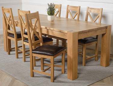Kuba Extra Large Oak Dining Table with 6 Berkeley Oak and Brown Leather Chairs