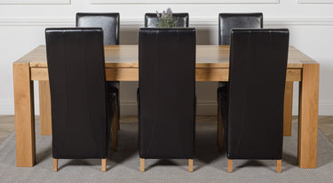 Kuba Extra Large Oak Dining Table with 6 Lola Black Leather Chairs