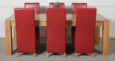 Kuba Extra Large Oak Dining Table with 6 Lola Burgundy Leather Chairs
