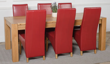 Kuba Extra Large Oak Dining Table with 6 Lola Burgundy Leather Chairs