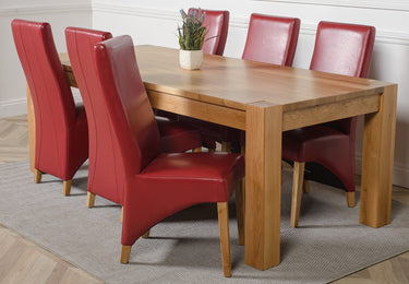 Kuba Extra Large Oak Dining Table with 6 Lola Burgundy Leather Chairs