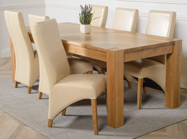 Kuba Extra Large Oak Dining Table with 6 Lola Ivory Leather Chairs