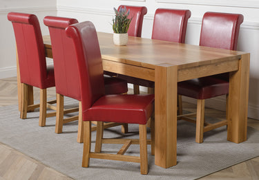 Kuba Extra Large Oak Dining Table with 6 Washington Burgundy Leather Chairs