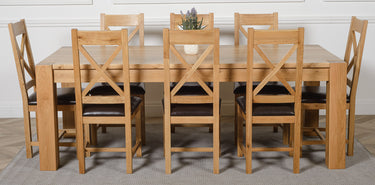Kuba Extra Large Oak Dining Table with 8 Berkeley Oak and Brown Leather Chairs