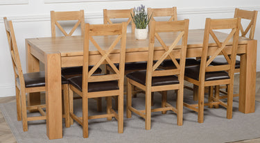 Kuba Extra Large Oak Dining Table with 8 Berkeley Oak and Brown Leather Chairs