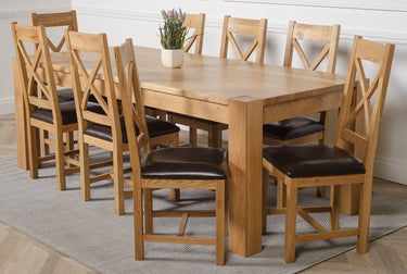 Kuba Extra Large Oak Dining Table with 8 Berkeley Oak and Brown Leather Chairs