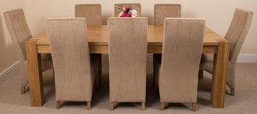 Kuba Extra Large Oak Dining Table with 8 Lola Beige Fabric Chairs