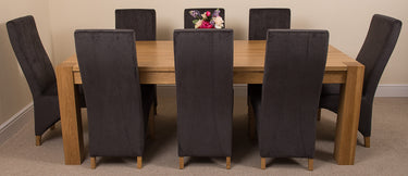 Kuba Extra Large Oak Dining Table with 8 Lola Black Fabric Chairs