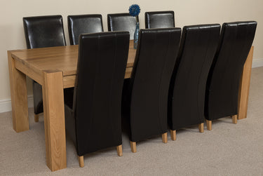 Kuba Extra Large Oak Dining Table with 8 Lola Black Leather Chairs