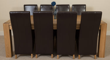 Kuba Extra Large Oak Dining Table with 8 Lola Brown Leather Chairs